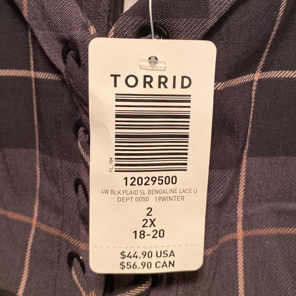 Brand New Torrid Black Plaid Lace Up Top…size 2/2X/18-20 - Picture 6 of 6